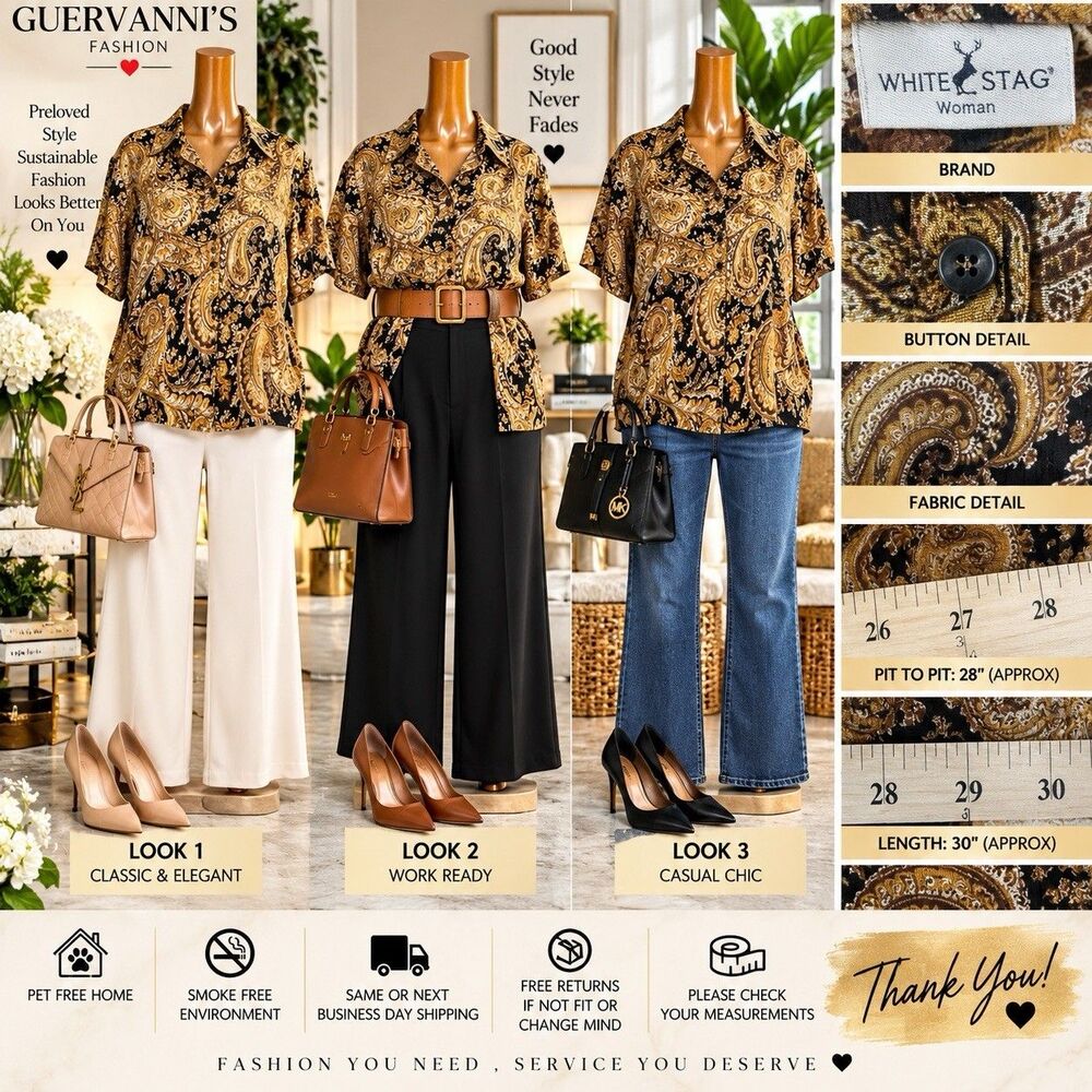 WHITE STAGE Womens Paisley Button Front Blouse Brown Black Boho Short Sleeve